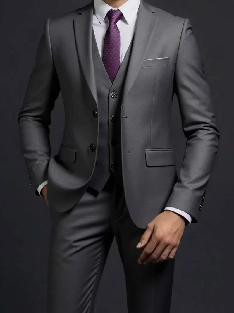 Suit (Blazer+ Vest + Trousers) Men's Fashionable Gentleman Business British Style Solid-color Banquet Host Casual Wedding Suit