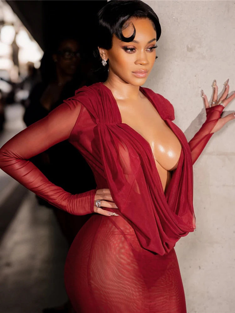 Nibber Sexy Swinging Collar Maxi Dress Women Patchwork See Through Full Sleeve Midnight Party Skinny Coquett Wild Vestidos