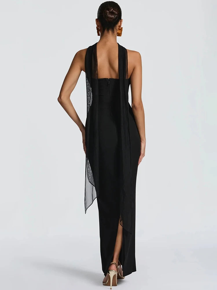 Mozision Off-shoulder Backless Sexy Maxi Dress Women Gown Elegant Zipper Halter Sleeveless Bodycon Club Party Long Dresses