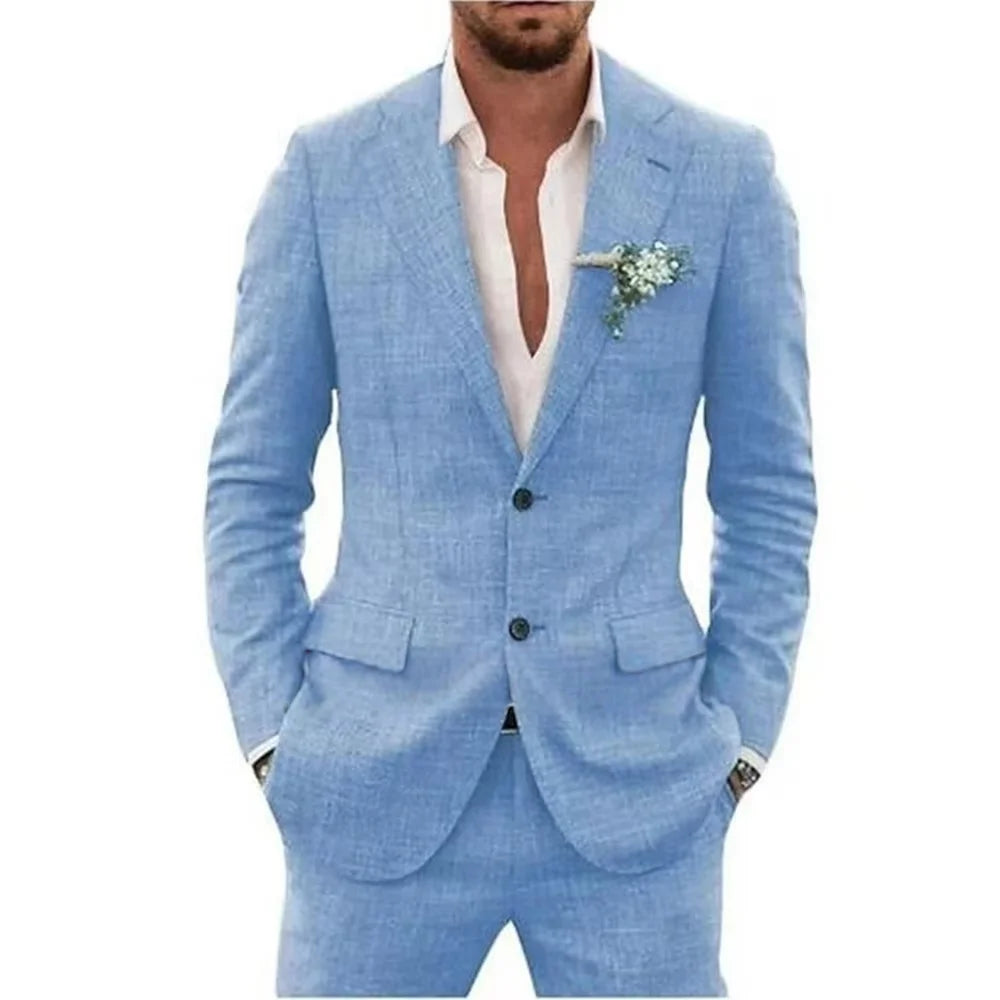 "Custom Slim Fit Beige/Blue Linen Suits for Men - 2 Piece Notch Lapel Wedding Tuxedo Set, Groom Blazer & Pants, Prom Party