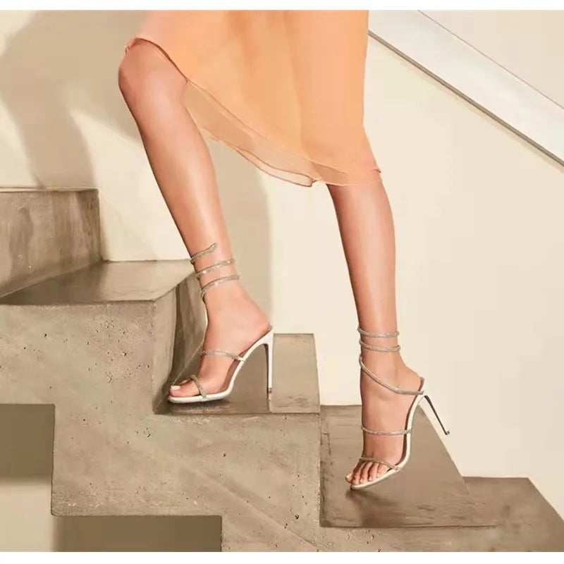 Fashion Summer Snake Twine Around Crystal Women Sandals Luxury Rhinestones Thin High heels Gladiator Sandals  Party Prom Shoes, match a dress anytime