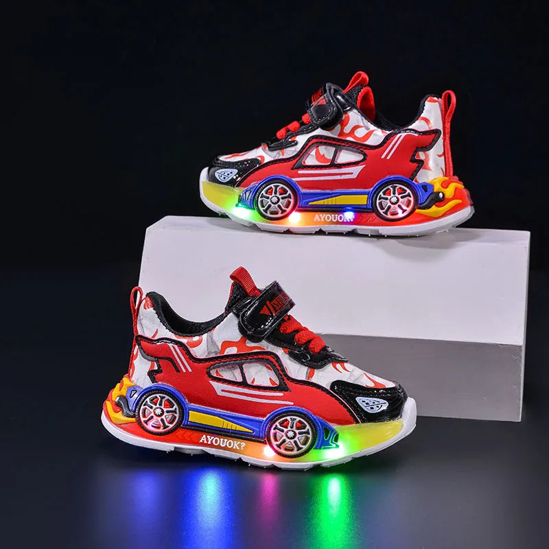 Spring Kids Shoes New Fashion Versatile Casual Shoe Anti Slip Cartoon Car Boy Shoe LED Lights Simple Trendy Sneakers Кроссовки