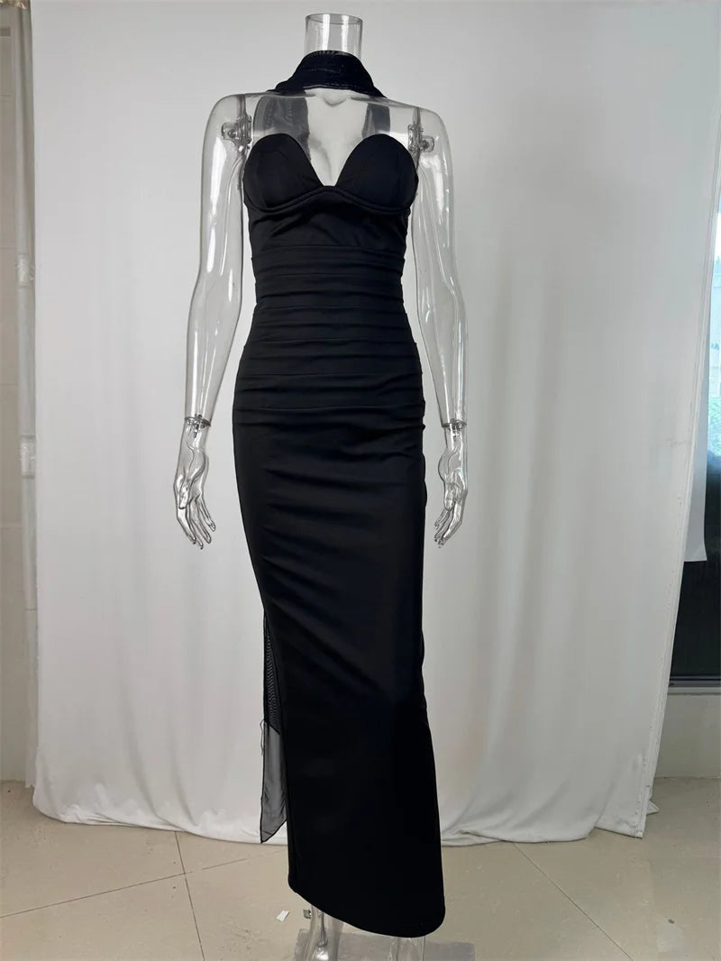 Mozision Off-shoulder Backless Sexy Maxi Dress Women Gown Elegant Zipper Halter Sleeveless Bodycon Club Party Long Dresses