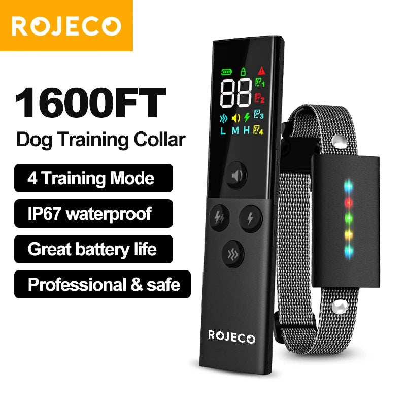 ROJECO  Dog Training Collar with Remote Control 1600FT IP67 Waterproof Electric Dog Collar For Pet Dog Bark Control Stop Collar