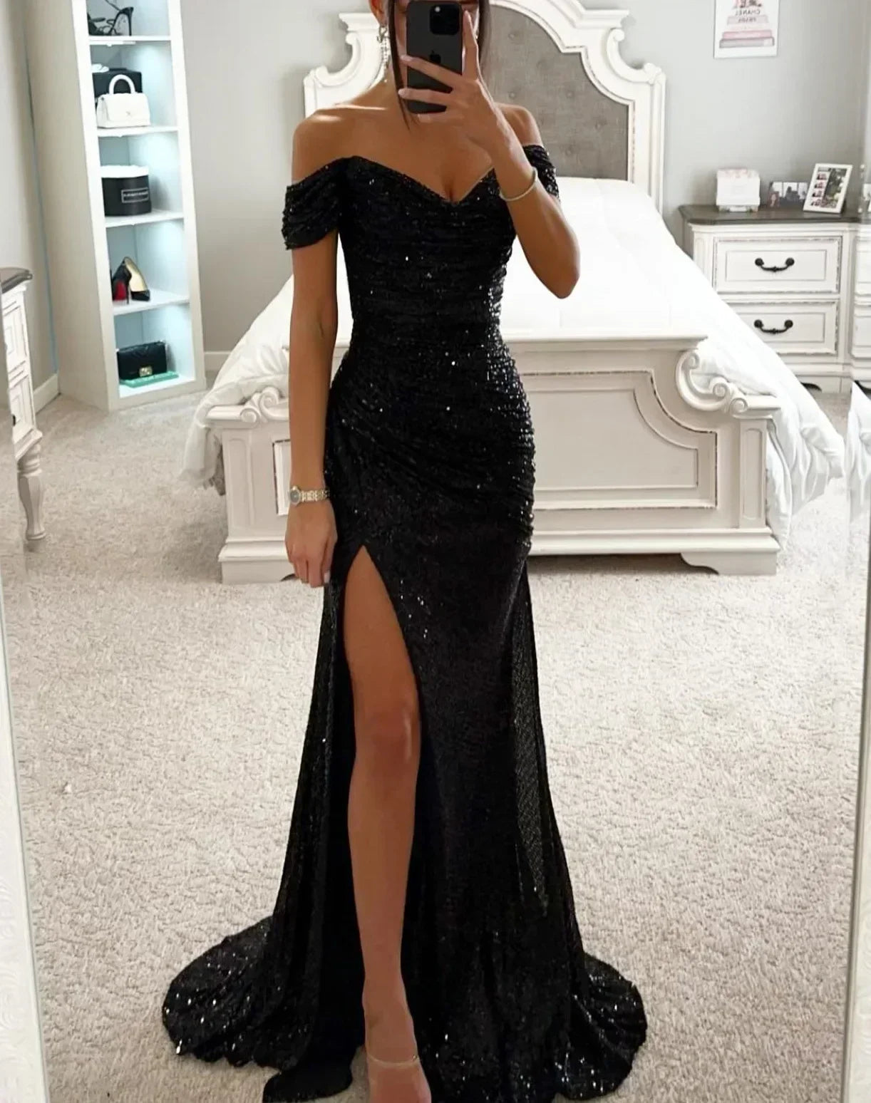 Womens Dresses New Party Sequin One Line Neckline Slit Dress Casual Fashion Dress for Women