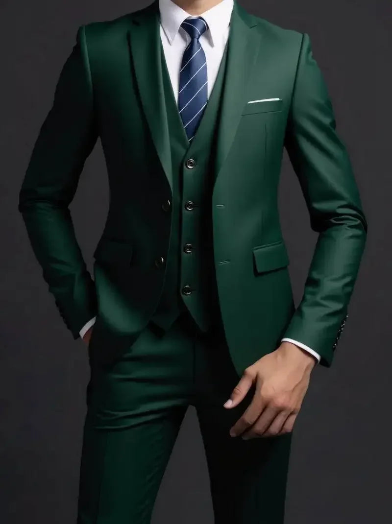 Suit (Blazer+ Vest + Trousers) Men's Fashionable Gentleman Business British Style Solid-color Banquet Host Casual Wedding Suit