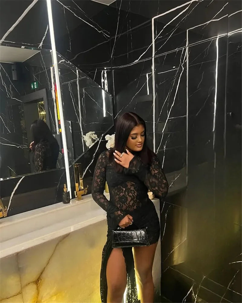 Lace Long Sleeve Sexy Mini Dress For Women Robe Fashion Black See Through Draped Ruched Bodycon Club Party Dress