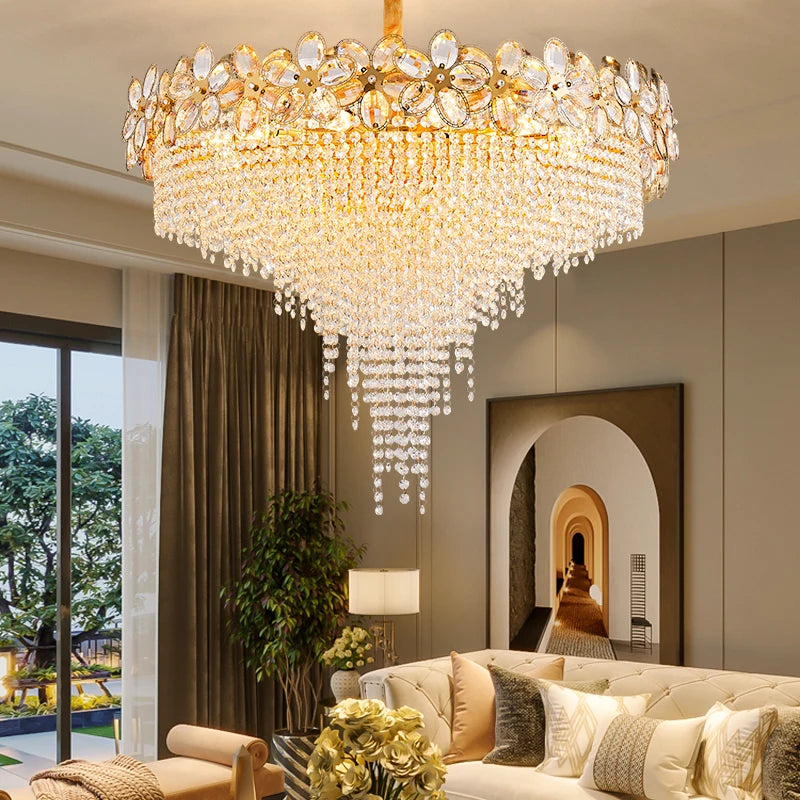 Modern Flower Crystal Tassel Chandelier Living Room Dining Room Gold Crystal Ceiling Pendant Lights Vila Lobby Lighting Fixtures