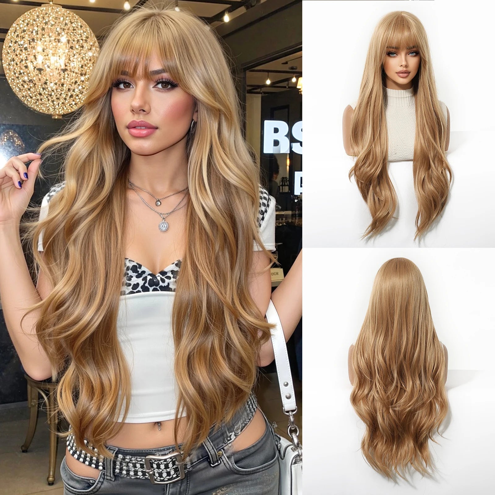 Rose Blonde Ombre Brown Long Natural Wave Synthetic Wigs with Bangs for Women Heat Resistant Daily Cosplay Party Hairs Wig Use