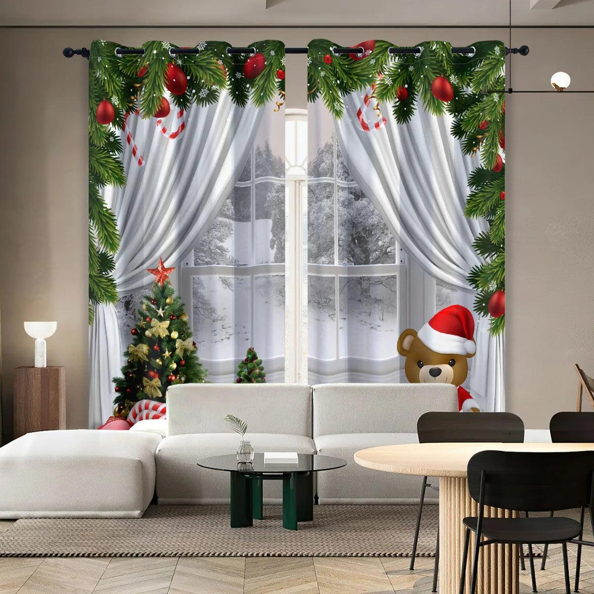 2pcs Christmas Teddy Bear Print Blackout Curtains Insulation Multiple Sizes Living Room Bedroom Decoration, Machine Washable