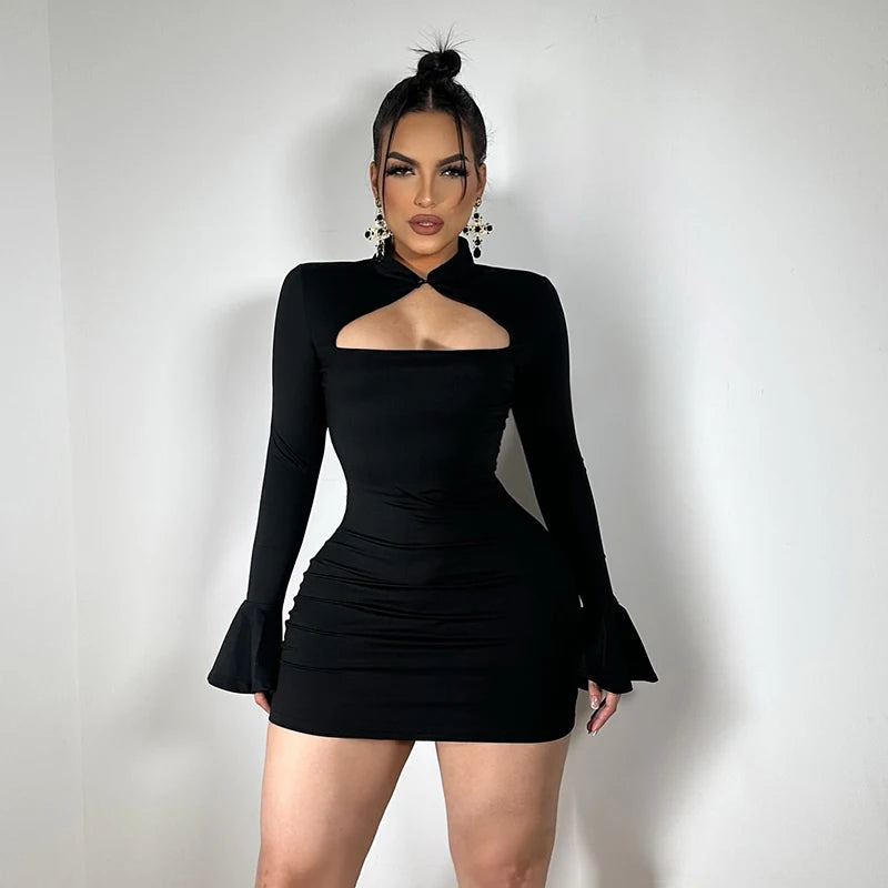 CUTENOVA Fall New Arrival Women Solid Color Bodycon Button Up Bell Sleeve Mini Lace-Up Strapless Sexy Bodycon Sexy Hottie Dress