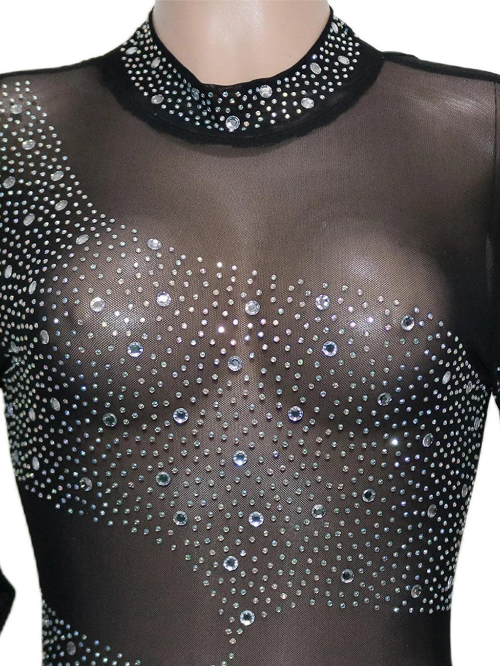 Sexy see through Rhinestone mesh bodycon jumpsuit women summer Long sleeve jumpsuits body birthday party club outfits bodysuit