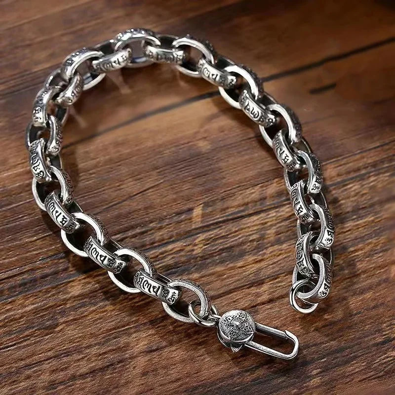 S925 Sterling Silver New Six-Character Mantra Bracelet Men Women Retro Trend Jewelry Gift