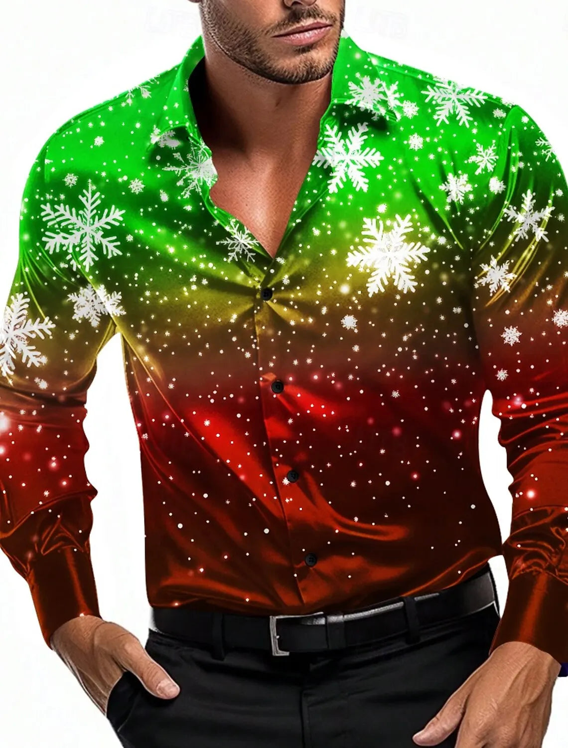 Christmas Theme Men's Christmas Trees Printed Shirts Snowflake Gradient Graphics Button Up Long Sleeve Shirts Fashion Tops Thin