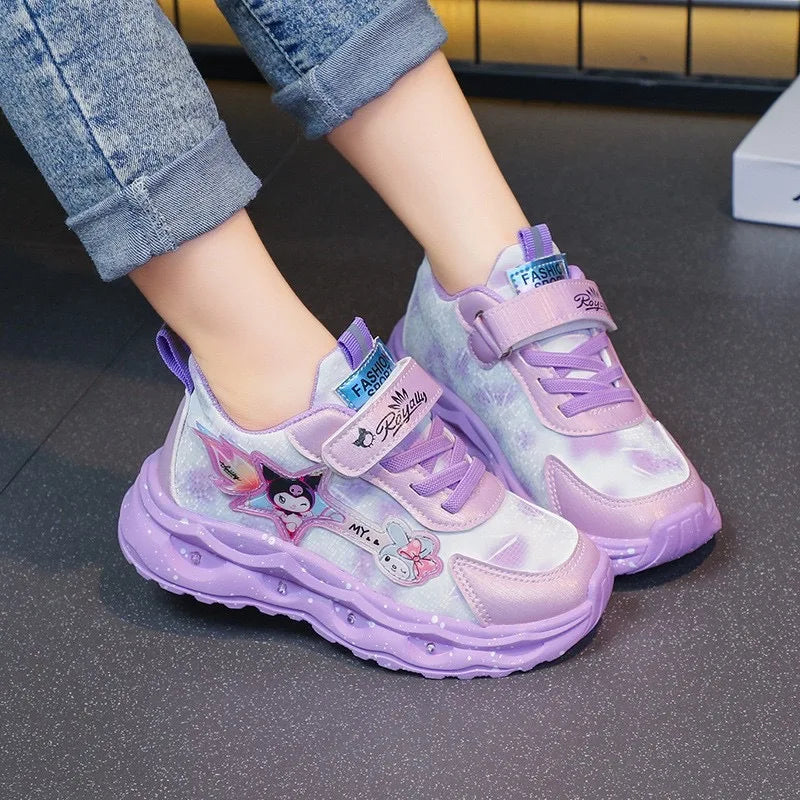 2025 New Light Up Girls Running Shoes Cartoon Leather Waterproof Breathable Anti Slip Trendy Kids Sneakers