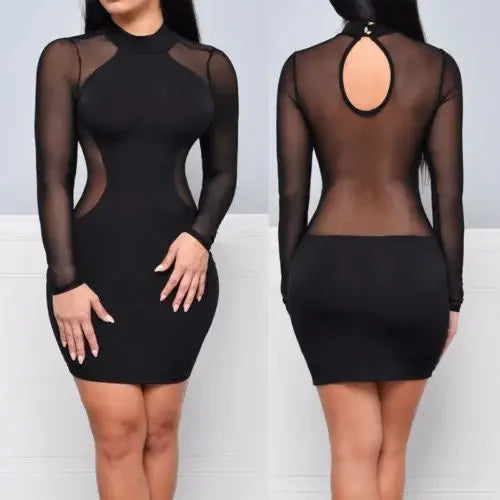 Summer Dresses New Women Summer Casual Long Sleeve O-Neck Backless Dress Sexy Lace See Though Mini Dress S-XL