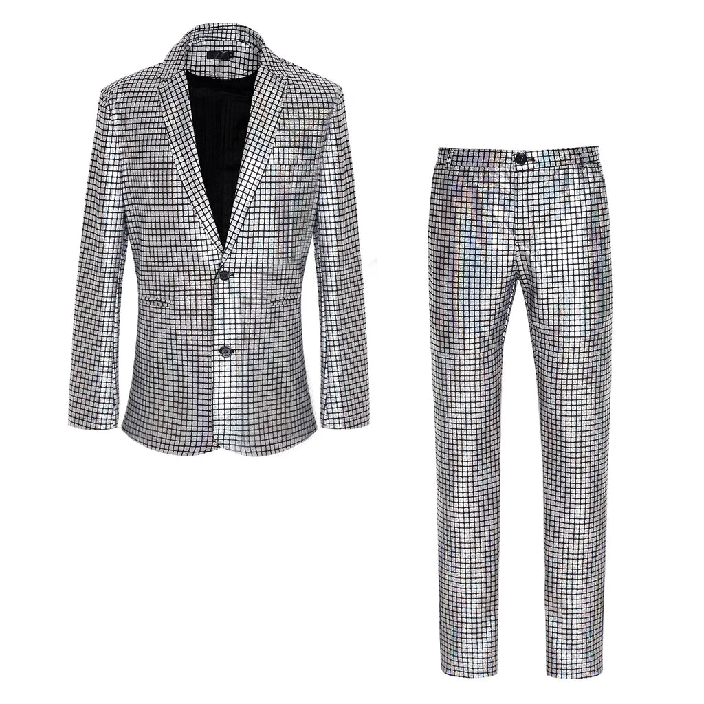 Men's New Cool Performance Set, Sequin Gold Stamping Business Casual Two-piece, One-row Two-button Slim-fit Blazer + Trousers