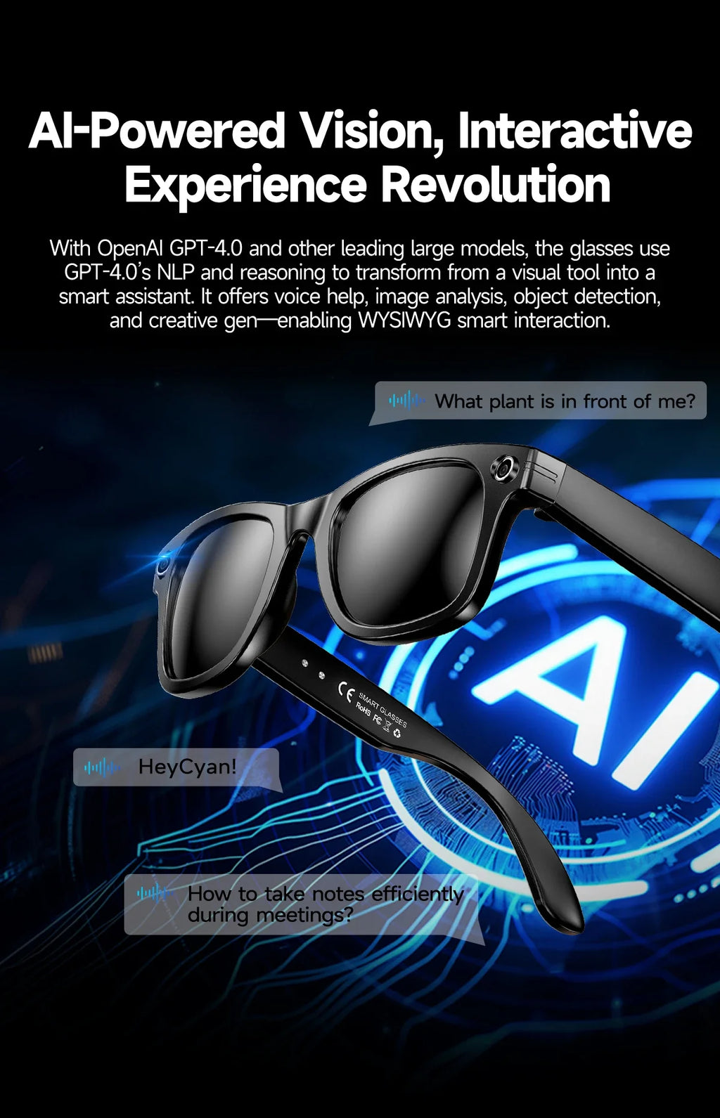 Smart AI Translation Smart Glasses Take Photos Recognizing Objects 4K Camera Bluetooth Music Call Intelligent Recording Glasses